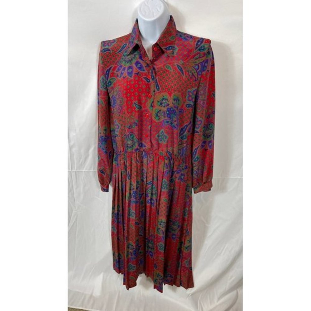 Lady Carol Petites Vintage Red Paisley Pleated Midi Dress Long Sleeve Size 8
